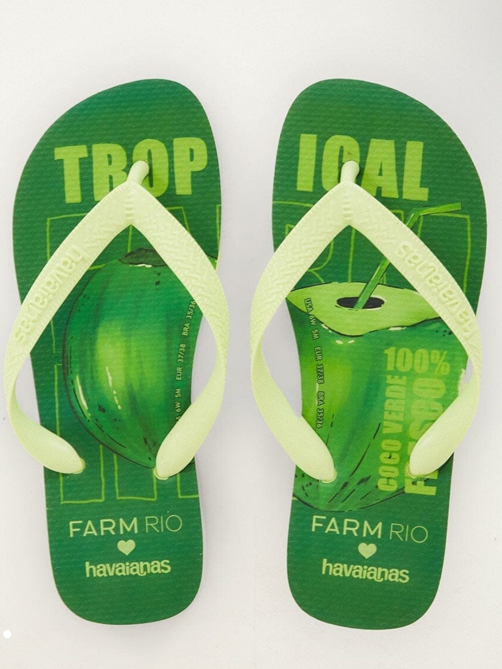 NWT Farm Rio x Havianas Tropical Coconut Flip Flops Size 9 Matcha Green